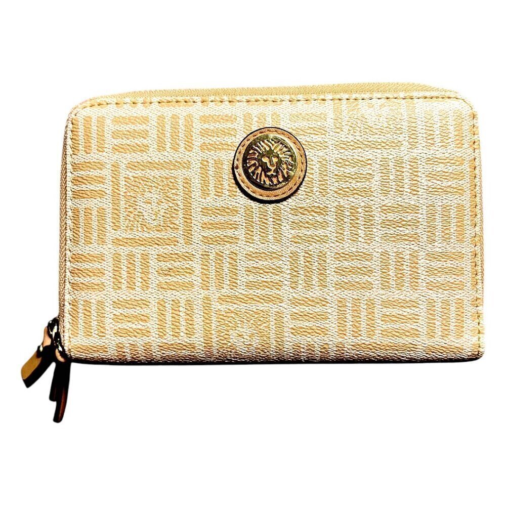 Anne Klein Designer Zip Around Neutral Tan Wallet w/Gold Lion Head Logo Emblem